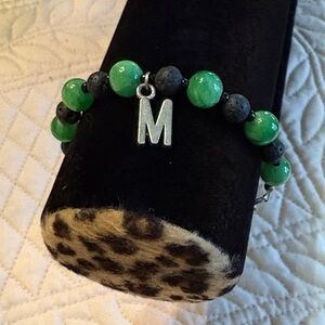 Green stone & black volcanic Beaded Bracelet with Antique Silver tone M Charm